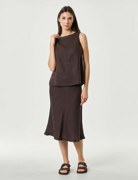 Gonna midi marrone in lino con vita arricciata e coulisse interna
