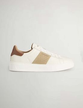Sneakers panna in pelle con dettagli traforati e logo in rilievo