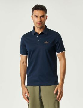 Polo blu in puro cotone mercerizzato con aquila turrita e bordino sulla manica
