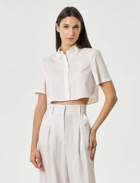Camicia crop a mezze maniche bianca in popeline con logo Fly e collo button-down