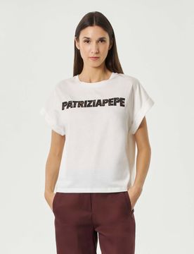 T-shirt girocollo bianca con maniche ad aletta e lettering logo in pizzo sul davanti