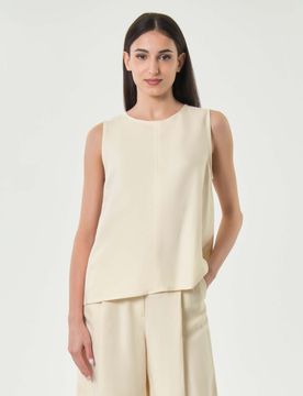 Top smanicato girocollo avorio in viscosa e lino con chiusura a goccia sul retro