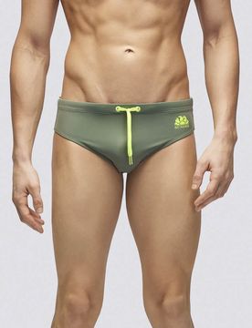 Costume slip Diwalter verde militare in tessuto tecnico stretch con logo sole giallo fluo
