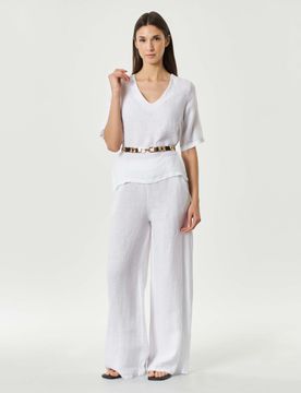 Pantaloni palazzo bianchi in puro lino con vita elasticizzata e tasche laterali