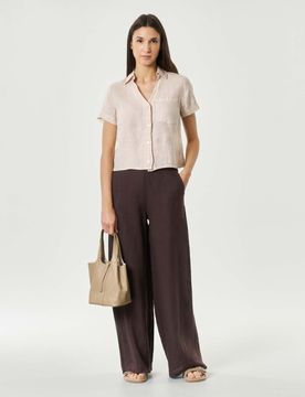 Pantaloni palazzo marroni in puro lino con vita elasticizzata e tasche laterali