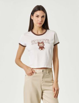 T-shirt bianca in cotone con stampa logo e Labubu sul davanti con bordi marroni