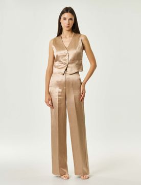 Completo elegante color oro in raso di viscosa e lino con gilet e pantalone palazzo