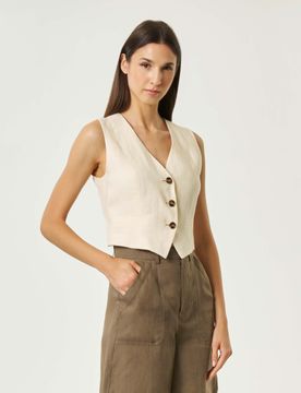Gilet aderente écru in puro lino con scollo a V e bottoni