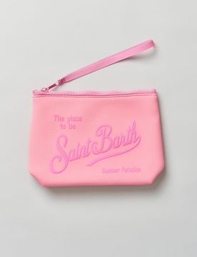 Pochette Aline rosa in scuba con scritta logo stampata a contrasto