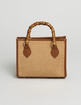 Borsa piccola a mano in rafia intrecciata e pelle color cuoio con manici effetto bamboo e tracolla