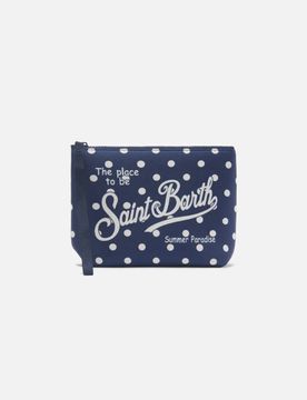 Pochette Aline blu a pois bianchi in tessuto scuba con laccetto laterale