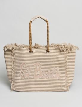 Borsa Beach Bag in canvas di cotone a righe bianche e beige