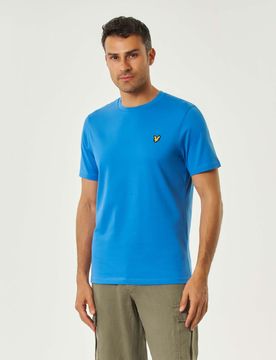 T-shirt mezza manica celeste in cotone con logo aquila gialla ricamata sul petto