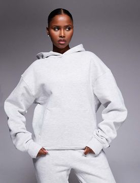 Icon Rest Day - Schwerer Oversize-Kapuzenpullover aus Baumwolle in Hellgrau meliert mit Kokonschnitt, 440 g/m² Grau 46
