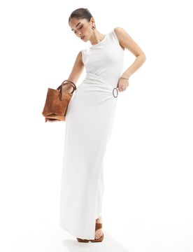 Ärmelloses Maxikleid in Weiß mit Drapierung und Ringverzierung Weiß 36
