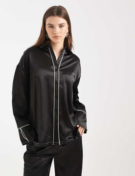 Chemise d'ensemble satinée avec col et bordures contrastantes - Noir 42