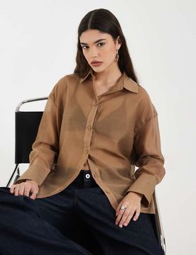 Chemise transparente à revers larges - Taupe-Neutre 46