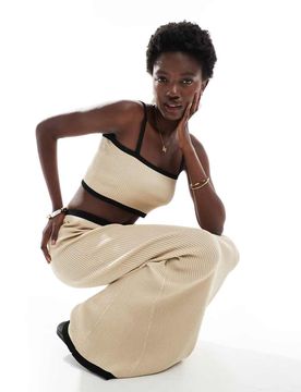Crop top de plage d'ensemble en maille côtelée avec bords contrastants - Crème-Blanc 38
