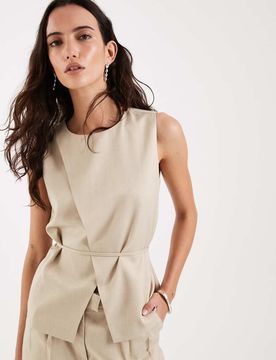 Elegantes, ärmelloses Oberteil in Beige mit Wickeldetail, Kombiteil-Grau Grau 42