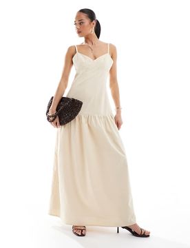 Robe caraco longue en lin mélangé avec taille basse - Crème-Blanc 36