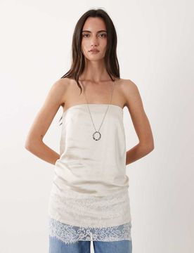 Top bandeau en satin bordé de dentelle - Beige-Neutre 46