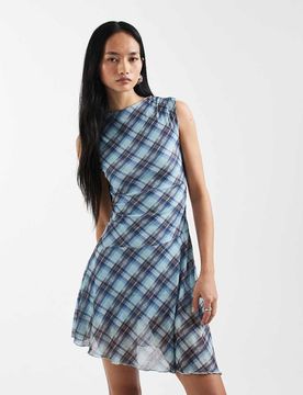 Minikleid aus Netzstoff in Blau kariert mit asymmetrischem Saum Blau 2XL