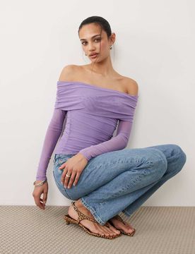 Ashley - Langärmliges, schulterfreies Netzstoff-Oberteil in Violet Crush-Lila Lila 2XS
