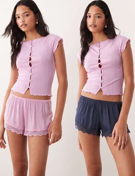 Ensemble de pyjama avec short en satin et dentelle - Rose et bleu-Multicolore XL