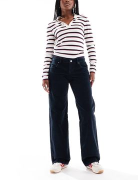 Jean droit taille basse en velours côtelé - Bleu marine 12