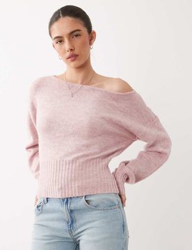 Luxuriöses, schulterfreies Strickoberteil in Blushed Cloud-Rosa Rosa XS