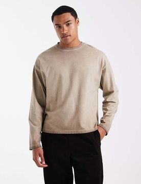 Langärmliges Relaxed-Fit-T-Shirt in Kieselstein im 2000er-Stil-Weiß Weiß Chest 53