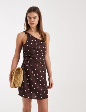 Robe courte asymétrique en lin à pois - Chêne foncé-Brown 16