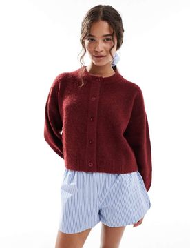 Sleep Cosy - Strickjacke in meliertem Pflaumenlila mit Knopfleiste-Rot Rot XL