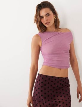 Top à épaules dénudées en tulle froncé - Prune cosmique-Rose S