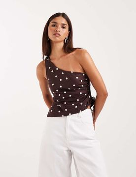 Top asymétrique en lin à pois - Chêne foncé-Noir 40