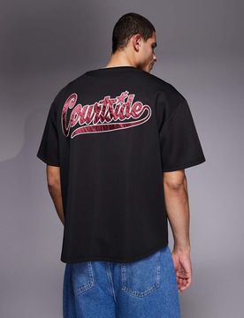 Kastiges Baseball-Trikot in Schwarz mit roter Logo-Applikation Schwarz M