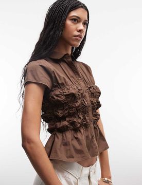 Chemise froncée ajustée à manches courtes - Marron 44