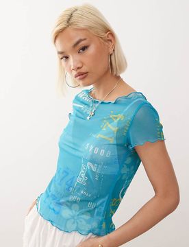 Doppellagiges Oberteil aus transparentem Netzstoff mit Hibiskus-Print-Blau Blau XS
