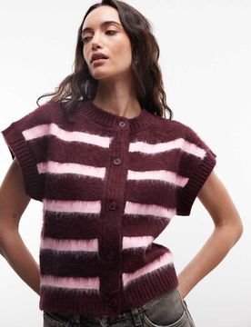 Gilet court à rayures - Bordeaux et rose-Rouge XS