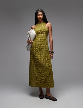Hochgeschlossenes, figurbetontes Midikleid in Grün kariert Grün 36