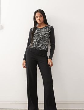 Pantalon de yoga évasé en maille côtelée avec ceinture à revers - Noir M
