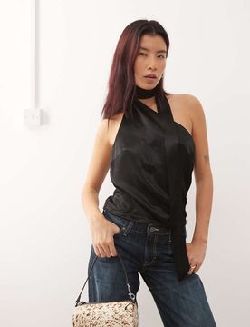 Party-Oberteil aus Satin mit Schal-Detail-Schwarz Schwarz L
