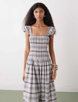 Robe mi-longue froncée à carreaux avec mancherons - Gris 38