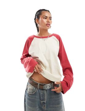 T-shirt coupe carrée à manches raglan longues contrastantes - Écru/bordeaux-Neutral M