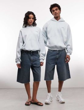 Unisex - Bermuda imprimé à ourlets bruts et poches contrastantes - Délavage moyen-Bleu L