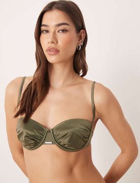 Haut de bikini balconnet luxueux noué dans le dos avec détails froncés - Vert kaki 90B