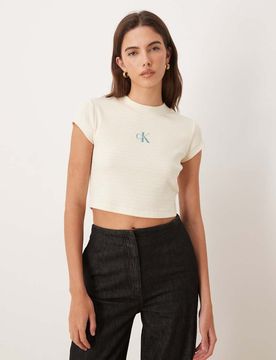 Jeans - Cropped-T-Shirt in gestreiftem Buttermilchgelb mit Monogramm-Logo-Neutral Neutral 2XL