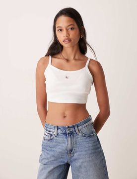 Jeans - Cropped-Tanktop in Weiß mit gewebtem Etikett Weiß S