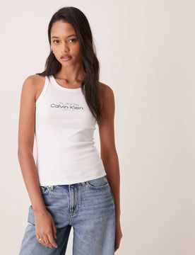 Jeans - Geripptes Tanktop in Weiß mit Grafik-Logo Weiß XL
