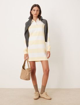 Jeans - Robe polo courte avec manches longues et rayures - Jaune XS